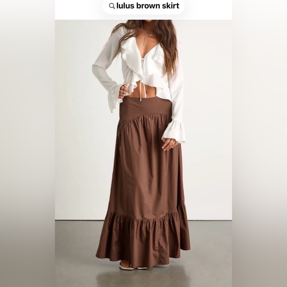 Lulu's juniper dark Brown Tiered cotton mid rise Maxi Skirt size s
